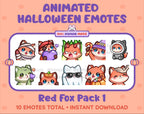 Red Fox Halloween animated Twitch emote pack featuring 10 emotes including angry, candy, kiss, and lurk.