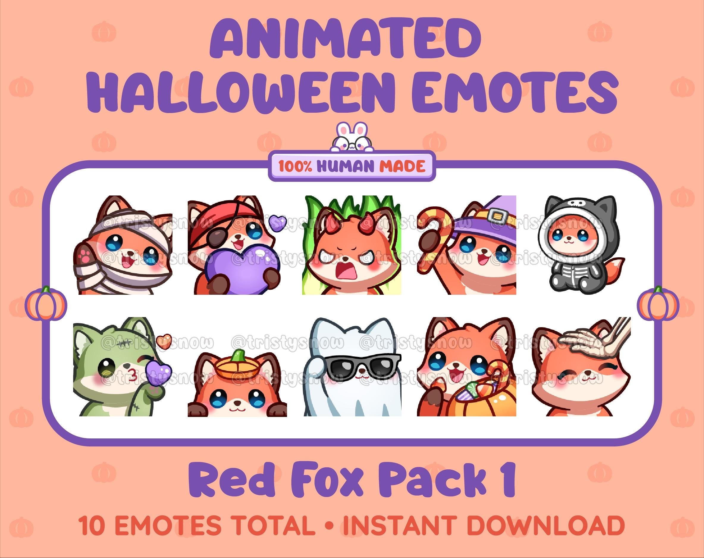 Red Fox Halloween animated Twitch emote pack featuring 10 emotes including angry, candy, kiss, and lurk.