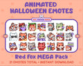 Red Fox Halloween animated Twitch emote mega pack featuring 21 emotes including hype, candy, kiss, and lurk.