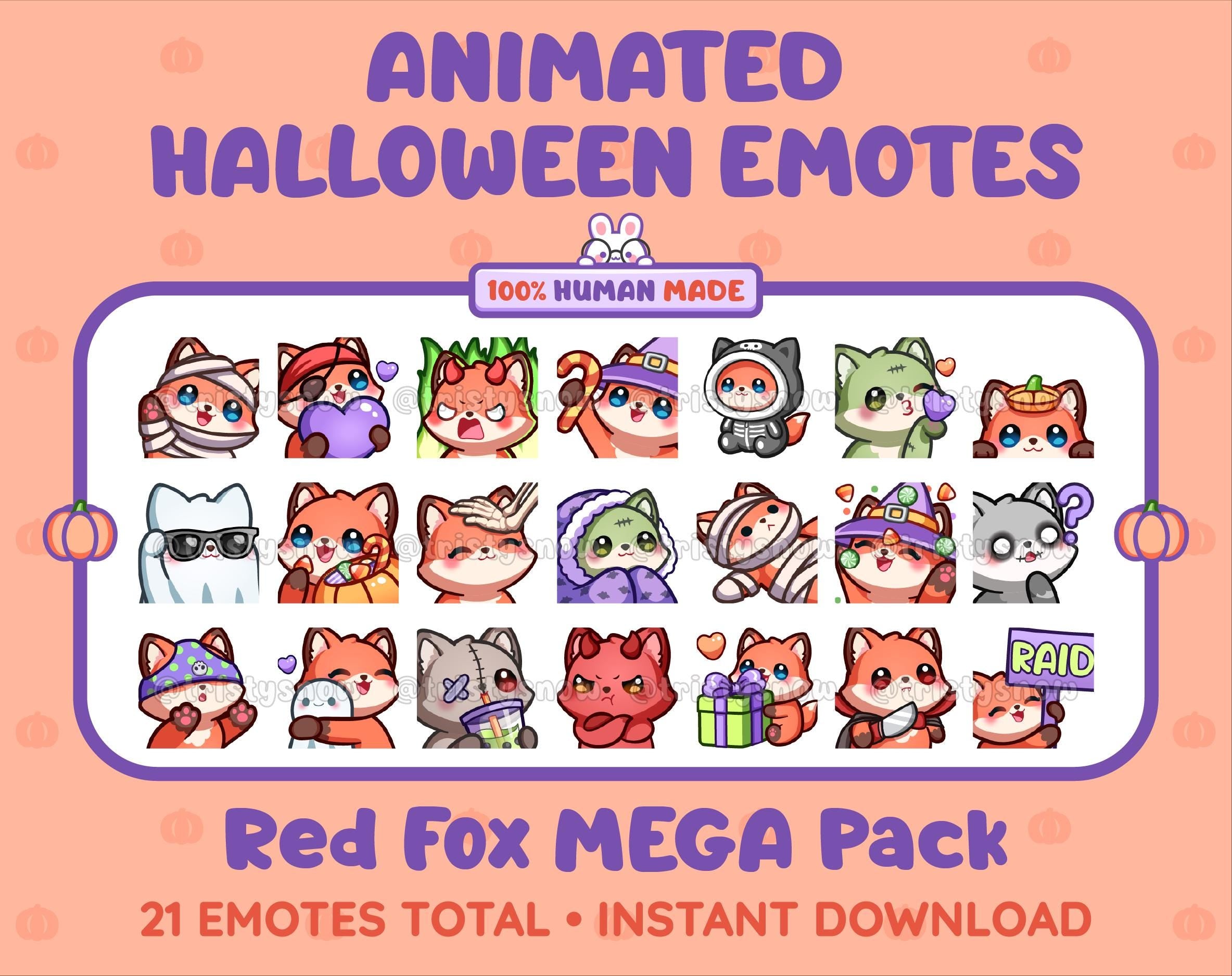 Red Fox Halloween animated Twitch emote mega pack featuring 21 emotes including hype, candy, kiss, and lurk.