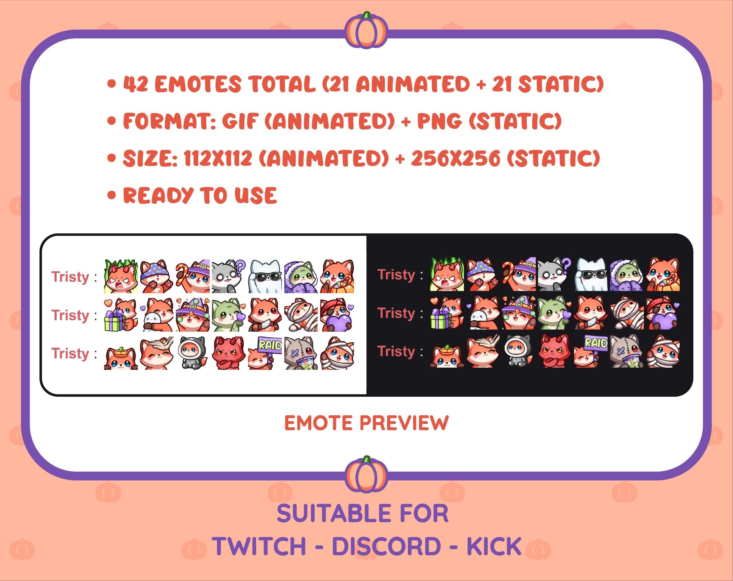 Red Fox Halloween animated Twitch emote mega pack preview displaying all 21 emotes with format and size information.