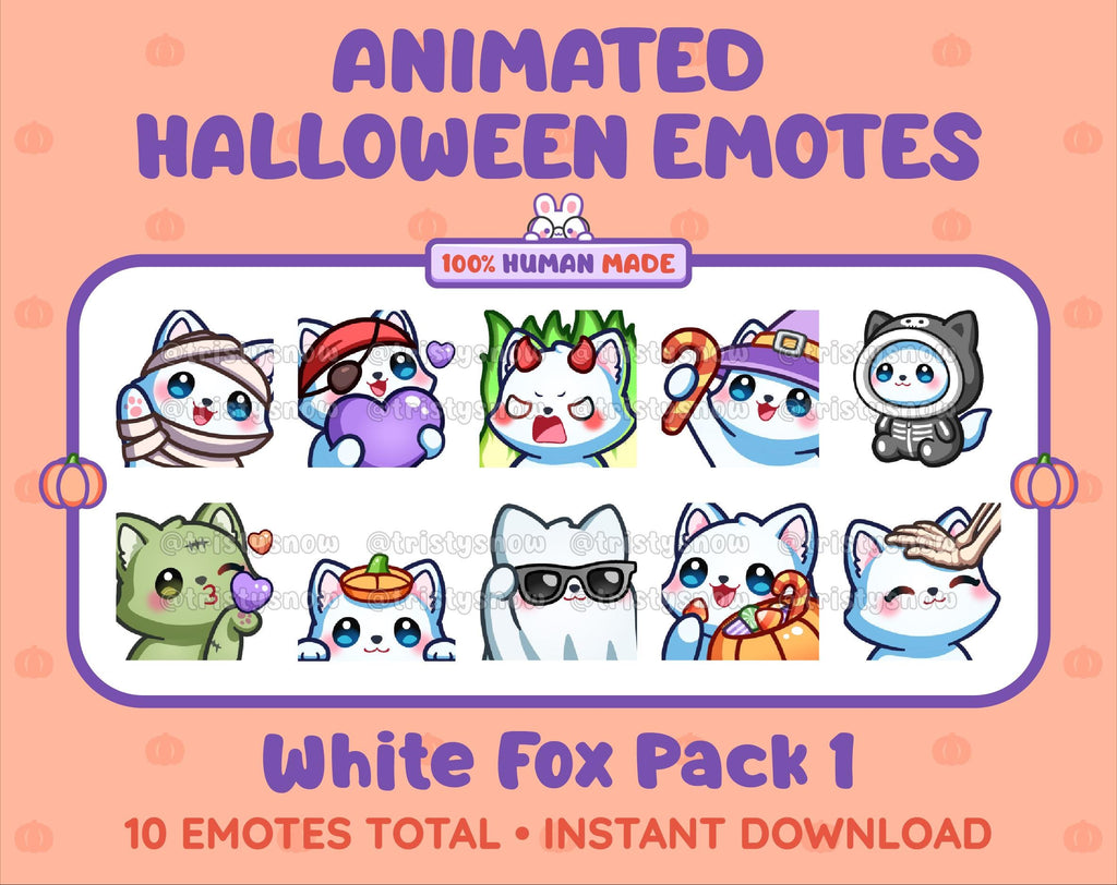 White Fox Halloween animated Twitch emote pack featuring 10 emotes including angry, candy, kiss, and lurk.