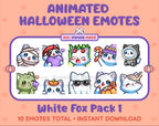 White Fox Halloween animated Twitch emote pack featuring 10 emotes including angry, candy, kiss, and lurk.