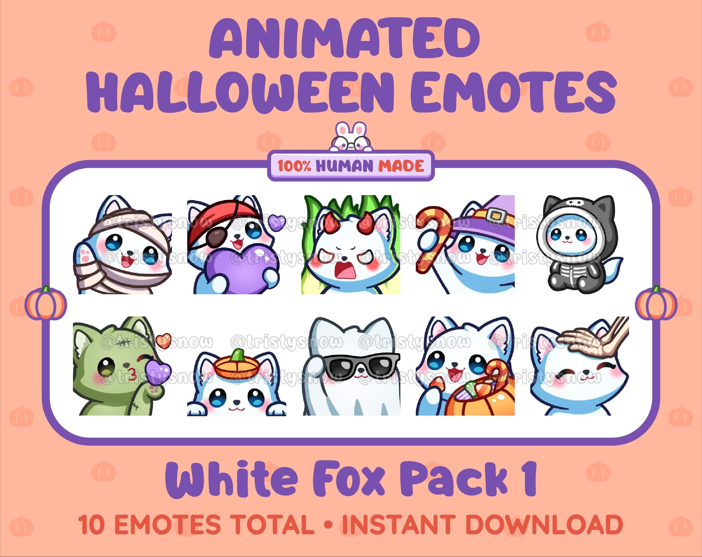 White Fox Halloween animated Twitch emote pack featuring 10 emotes including angry, candy, kiss, and lurk.