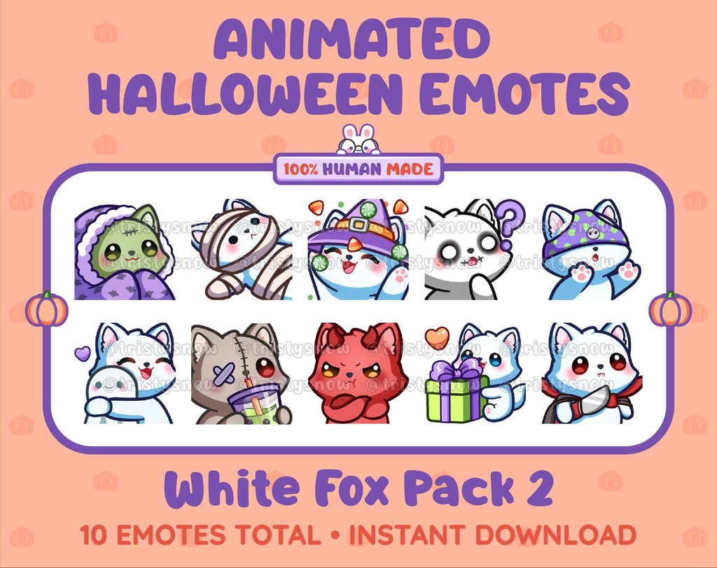 White Fox Halloween animated Twitch emote pack featuring 10 emotes including hype, sip, hug, and pout.