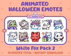 White Fox Halloween animated Twitch emote pack featuring 10 emotes including hype, sip, hug, and pout.
