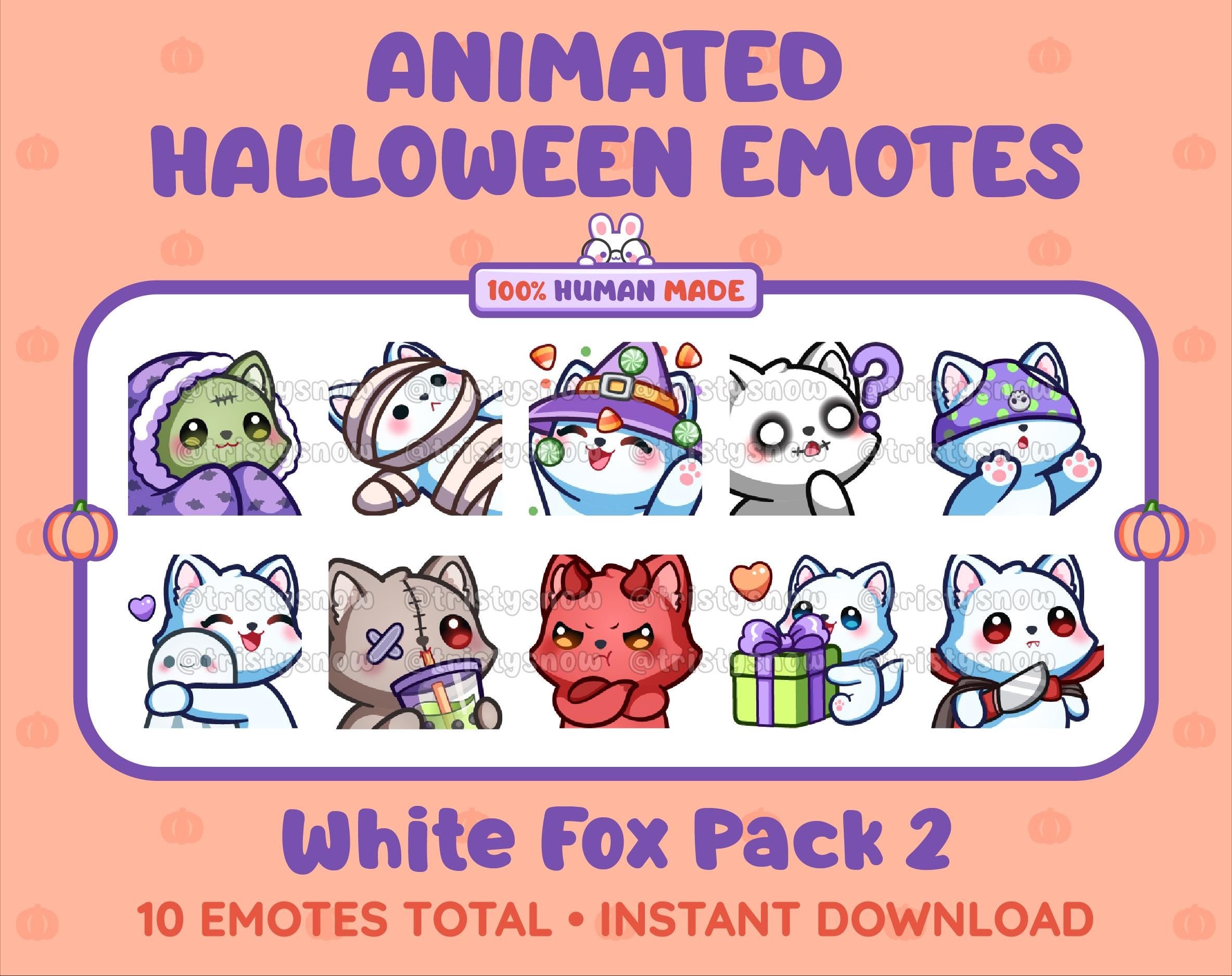 White Fox Halloween animated Twitch emote pack featuring 10 emotes including hype, sip, hug, and pout.
