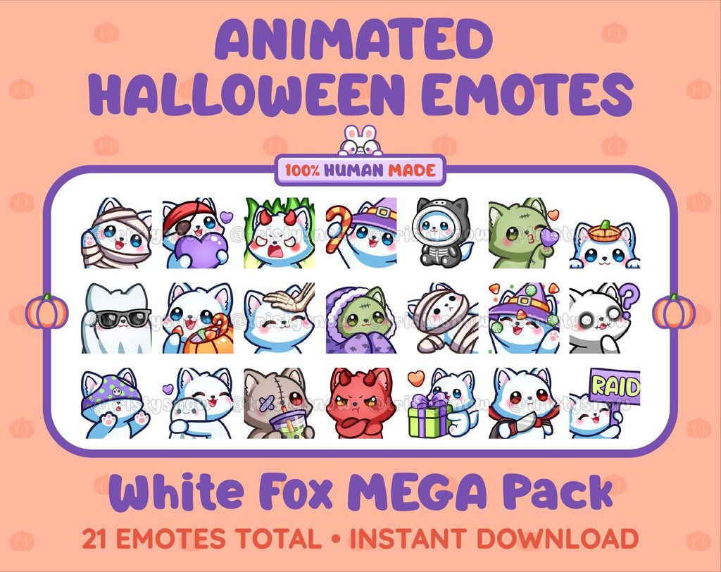 White Fox Halloween animated Twitch emote mega pack featuring 21 emotes including hype, candy, kiss, and lurk.