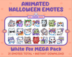 White Fox Halloween animated Twitch emote mega pack featuring 21 emotes including hype, candy, kiss, and lurk.