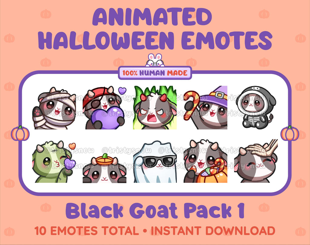 Black Goat Halloween animated Twitch emote pack featuring 10 emotes including angry, candy, kiss, and lurk.