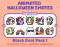 Black Goat Halloween animated Twitch emote pack featuring 10 emotes including angry, candy, kiss, and lurk.
