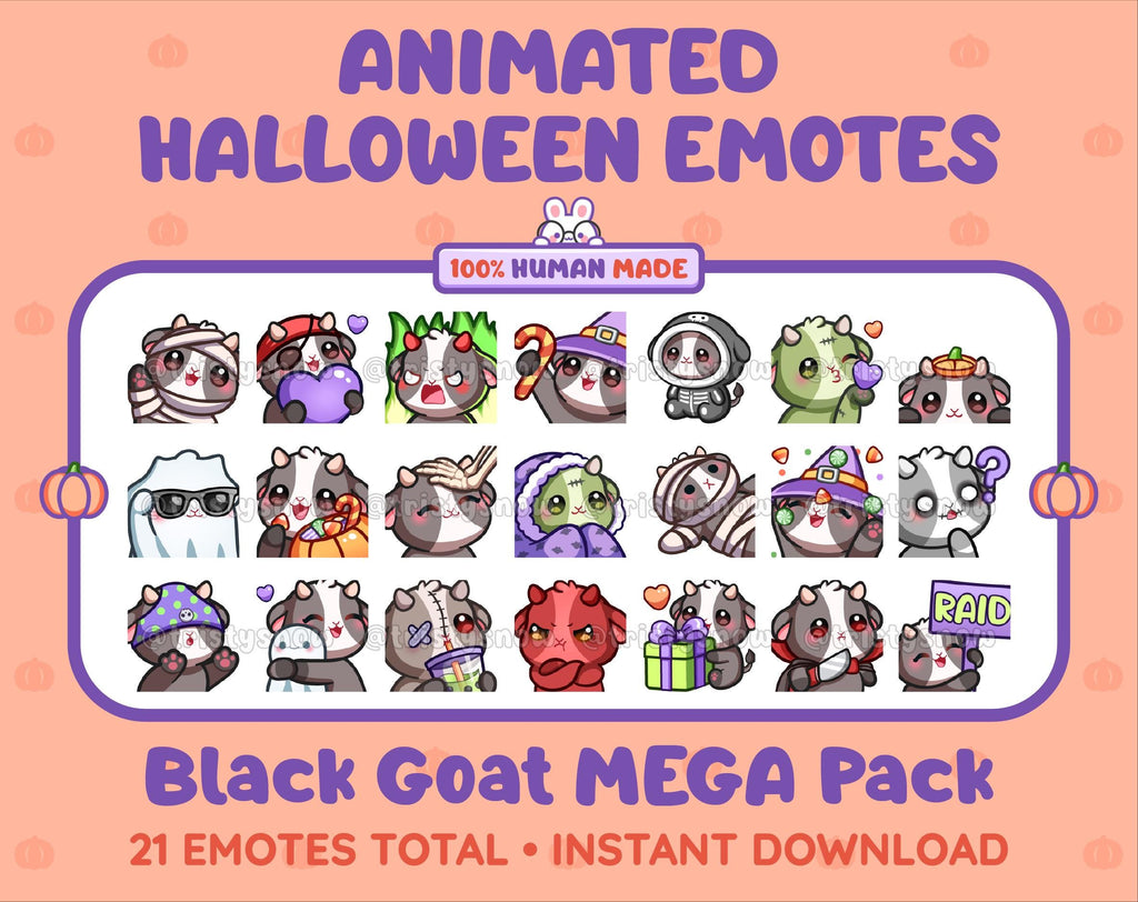 Black Goat Halloween animated Twitch emote mega pack featuring 21 emotes including hype, candy, kiss, and lurk.