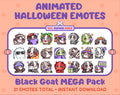Black Goat Halloween animated Twitch emote mega pack featuring 21 emotes including hype, candy, kiss, and lurk.