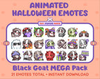 Black Goat Halloween animated Twitch emote mega pack featuring 21 emotes including hype, candy, kiss, and lurk.