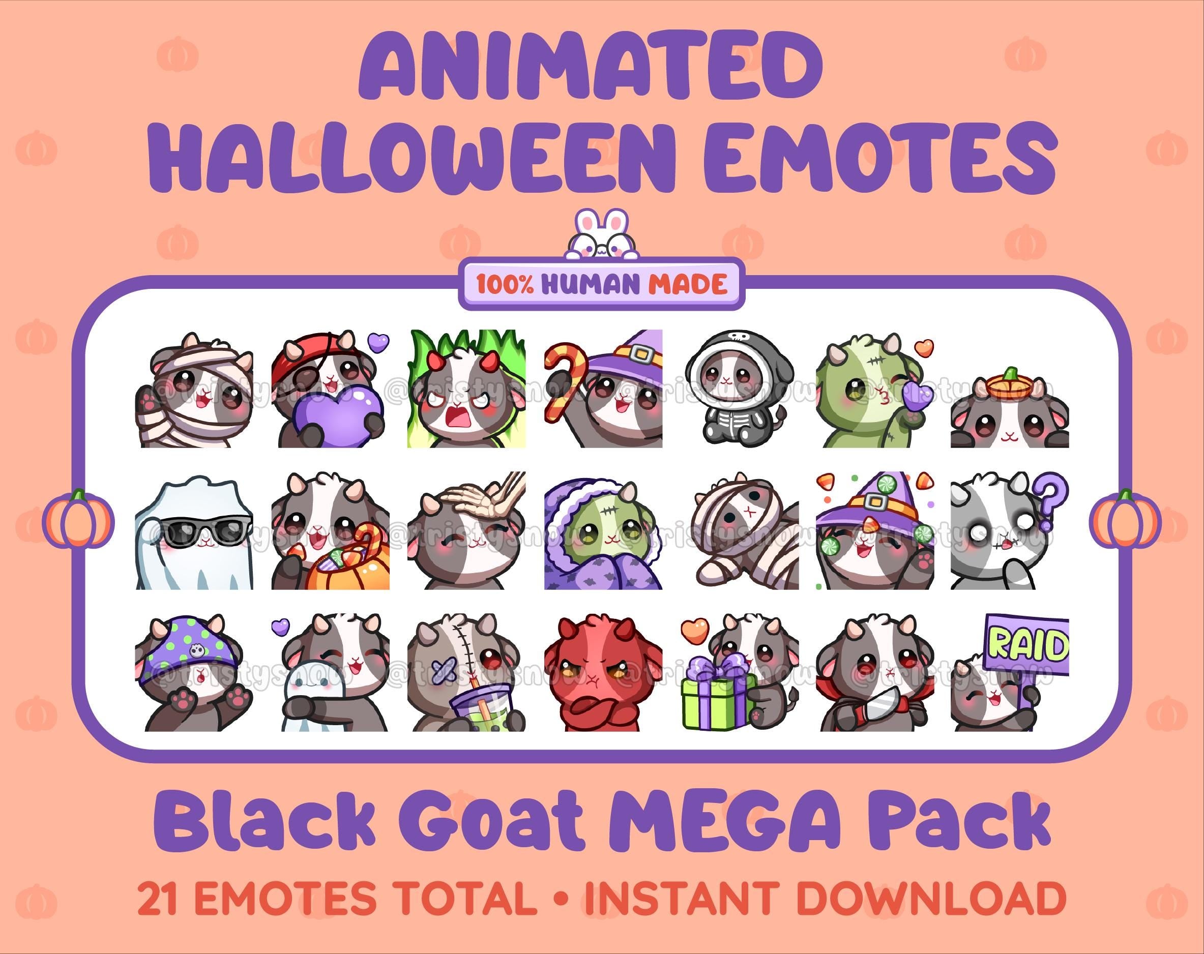 Black Goat Halloween animated Twitch emote mega pack featuring 21 emotes including hype, candy, kiss, and lurk.