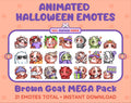 Brown Goat Halloween animated Twitch emote mega pack featuring 21 emotes including hype, candy, kiss, and lurk.