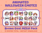 Brown Goat Halloween animated Twitch emote mega pack featuring 21 emotes including hype, candy, kiss, and lurk.