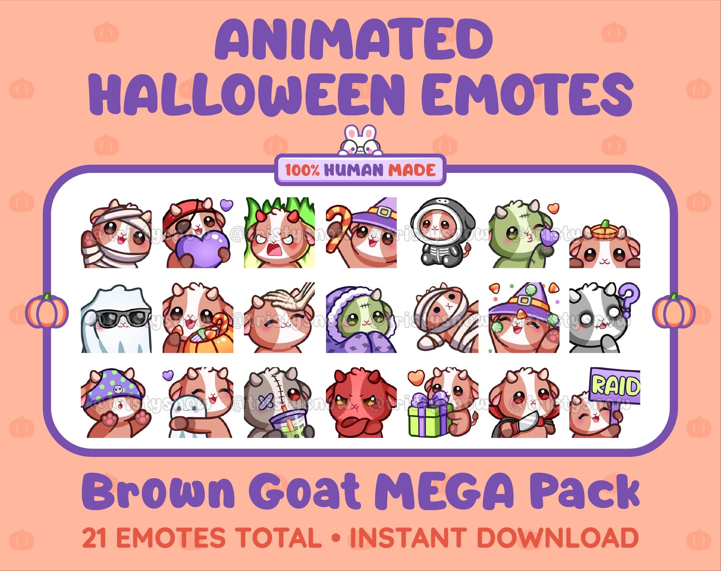 Brown Goat Halloween animated Twitch emote mega pack featuring 21 emotes including hype, candy, kiss, and lurk.