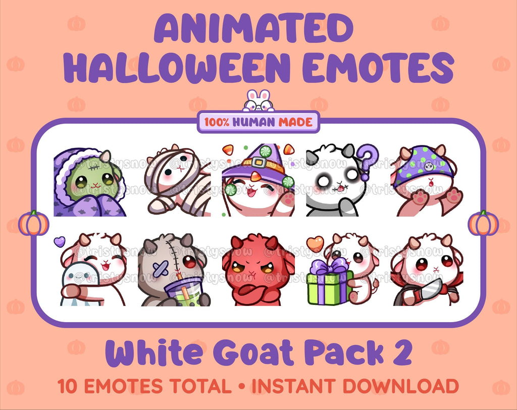 White Goat Halloween animated Twitch emote pack featuring 10 emotes including hype, sip, hug, and pout.