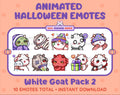 White Goat Halloween animated Twitch emote pack featuring 10 emotes including hype, sip, hug, and pout.