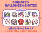 White Goat Halloween animated Twitch emote pack featuring 10 emotes including hype, sip, hug, and pout.