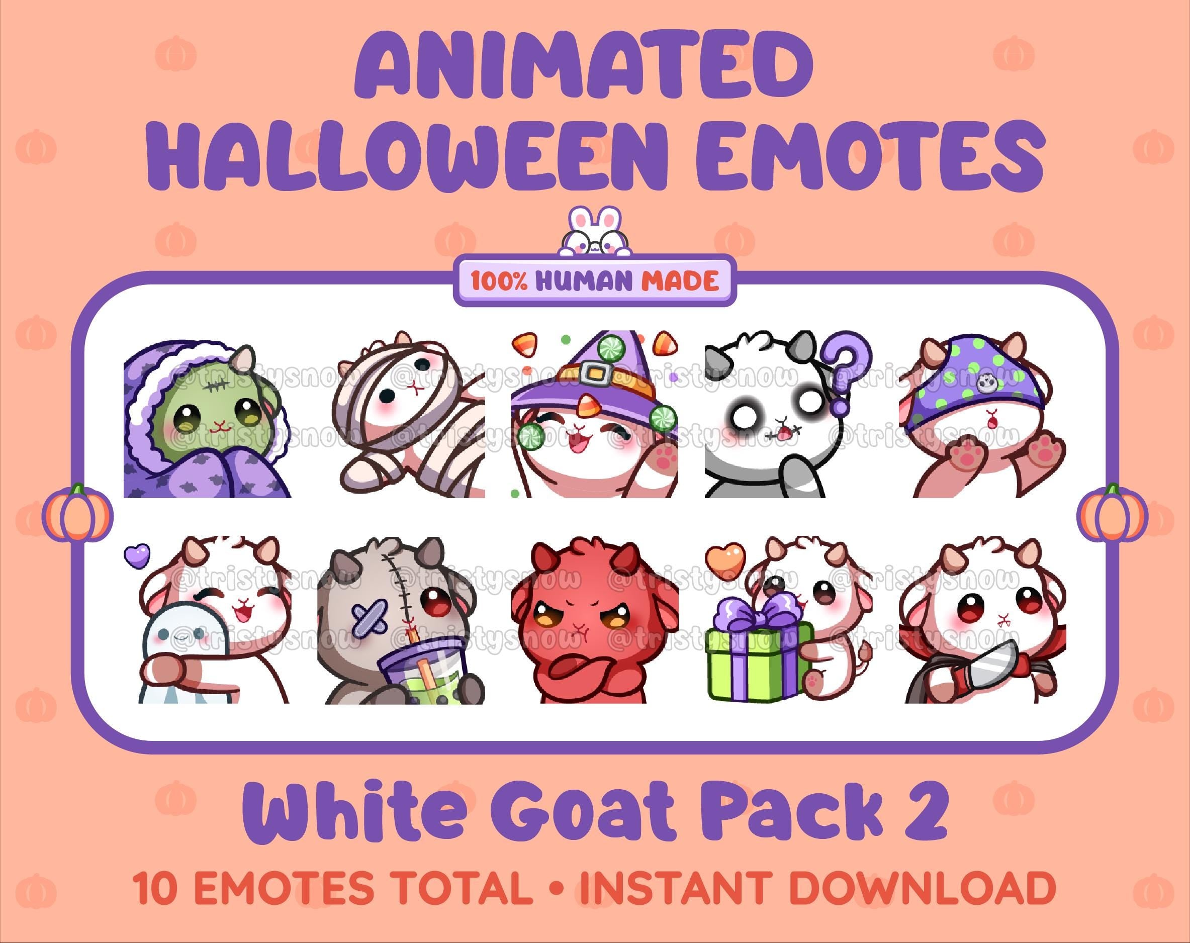 White Goat Halloween animated Twitch emote pack featuring 10 emotes including hype, sip, hug, and pout.