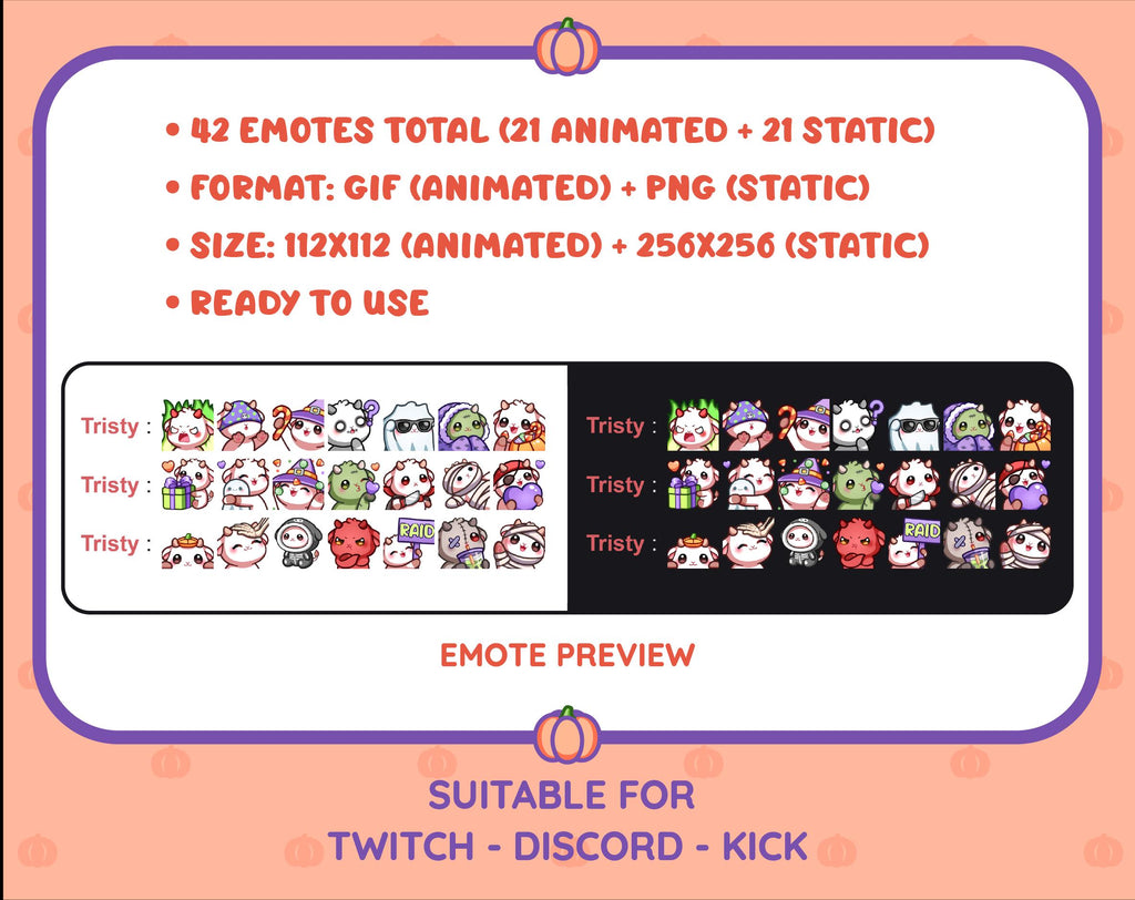 White Goat Halloween animated Twitch emote mega pack preview displaying all 21 emotes with format and size information.