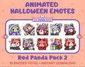 Red Panda Halloween animated Twitch emote pack featuring 10 emotes including hype, sip, hug, and pout.