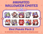 Red Panda Halloween animated Twitch emote pack featuring 10 emotes including hype, sip, hug, and pout.