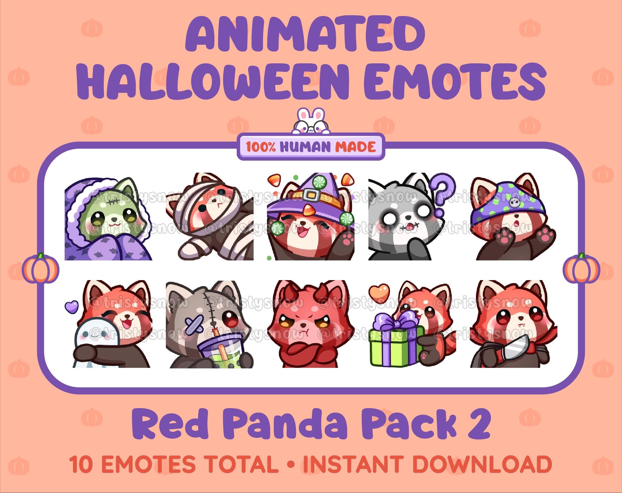 Red Panda Halloween animated Twitch emote pack featuring 10 emotes including hype, sip, hug, and pout.