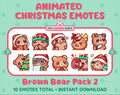 Brown Bear Christmas animated Twitch emote pack featuring 10 emotes including cozy, bonk, lurk, and hype.