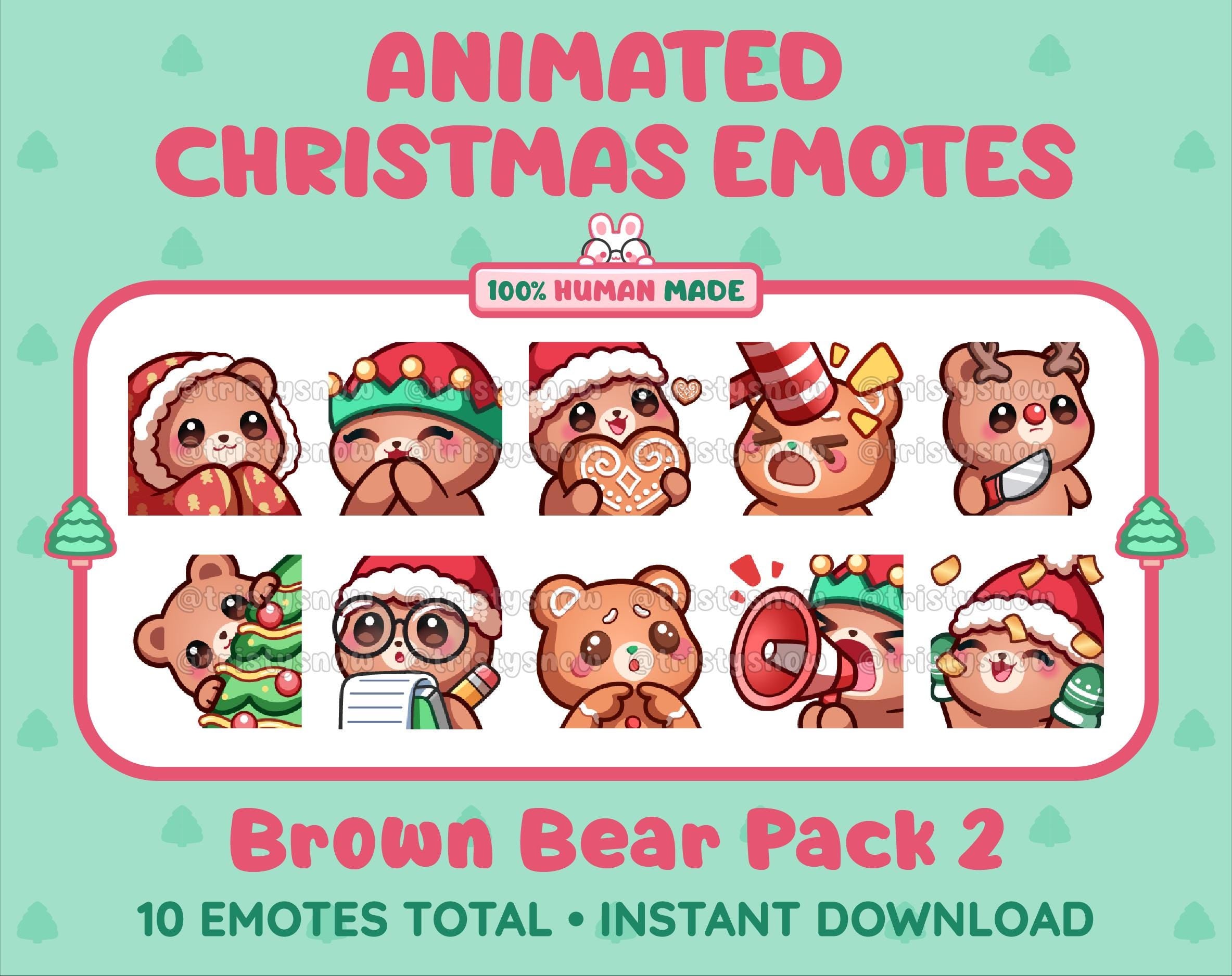 Brown Bear Christmas animated Twitch emote pack featuring 10 emotes including cozy, bonk, lurk, and hype.