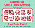 Pink Bear Christmas animated Twitch emote pack featuring 10 emotes including angry, kiss, candy, and cookie.