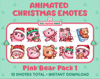 Pink Bear Christmas animated Twitch emote pack featuring 10 emotes including angry, kiss, candy, and cookie.
