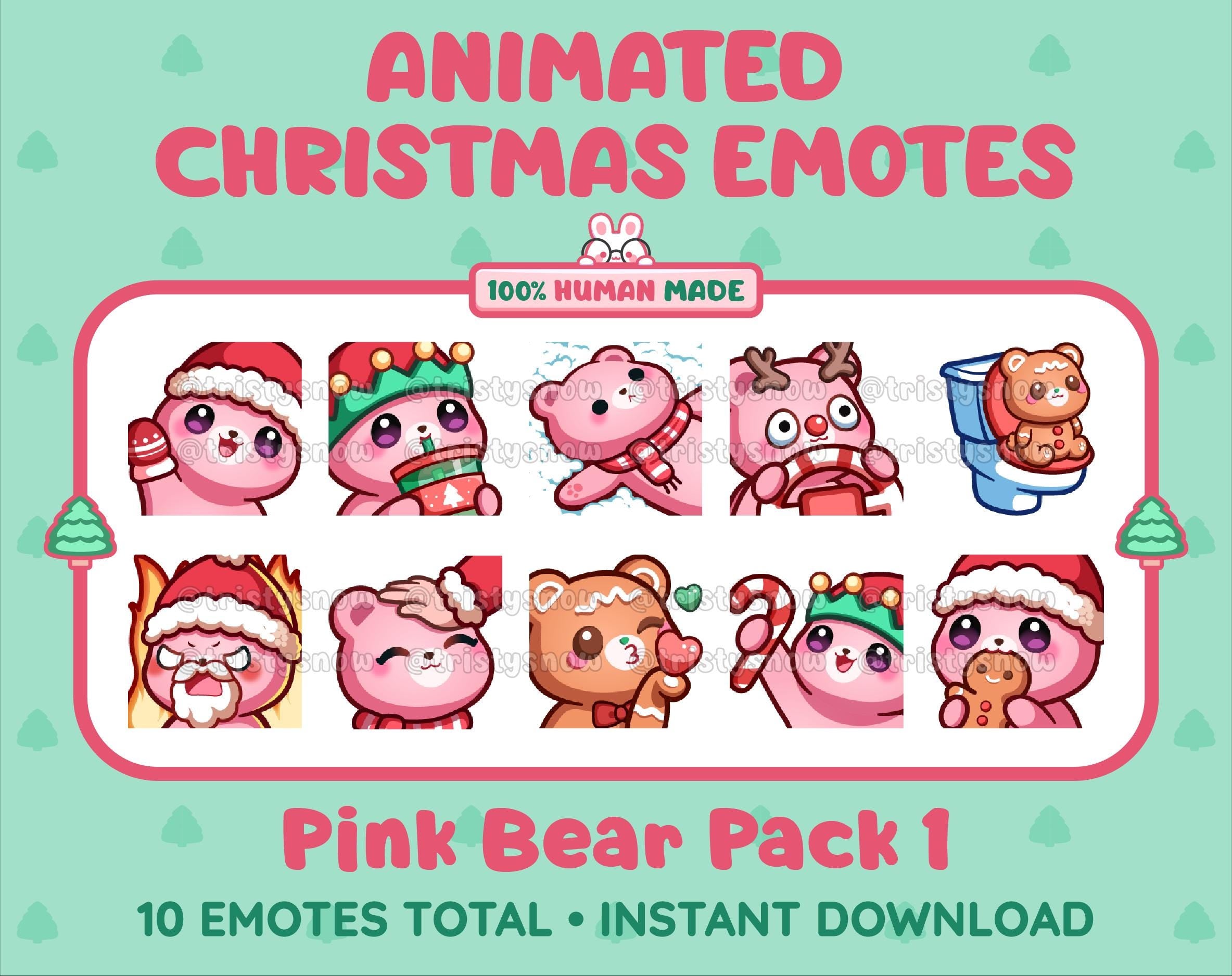 Pink Bear Christmas animated Twitch emote pack featuring 10 emotes including angry, kiss, candy, and cookie.