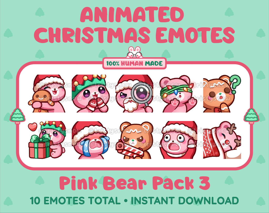 Pink Bear Christmas animated Twitch emote pack featuring 10 emotes including hug, sus, cry, and panic.