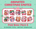 Pink Bear Christmas animated Twitch emote pack featuring 10 emotes including hug, sus, cry, and panic.