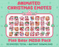 Pink Bear Christmas animated Twitch emote mega pack featuring 32 emotes including hype, gift, candy, and cookie.