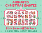 Pink Bear Christmas animated Twitch emote mega pack featuring 32 emotes including hype, gift, candy, and cookie.