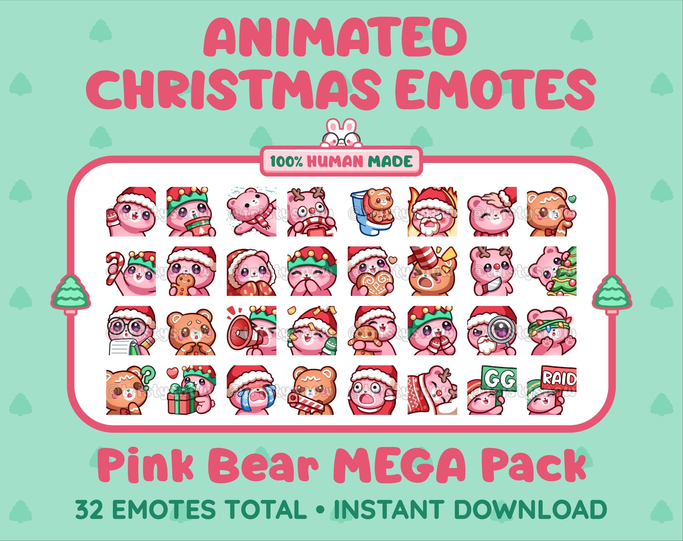 Pink Bear Christmas animated Twitch emote mega pack featuring 32 emotes including hype, gift, candy, and cookie.