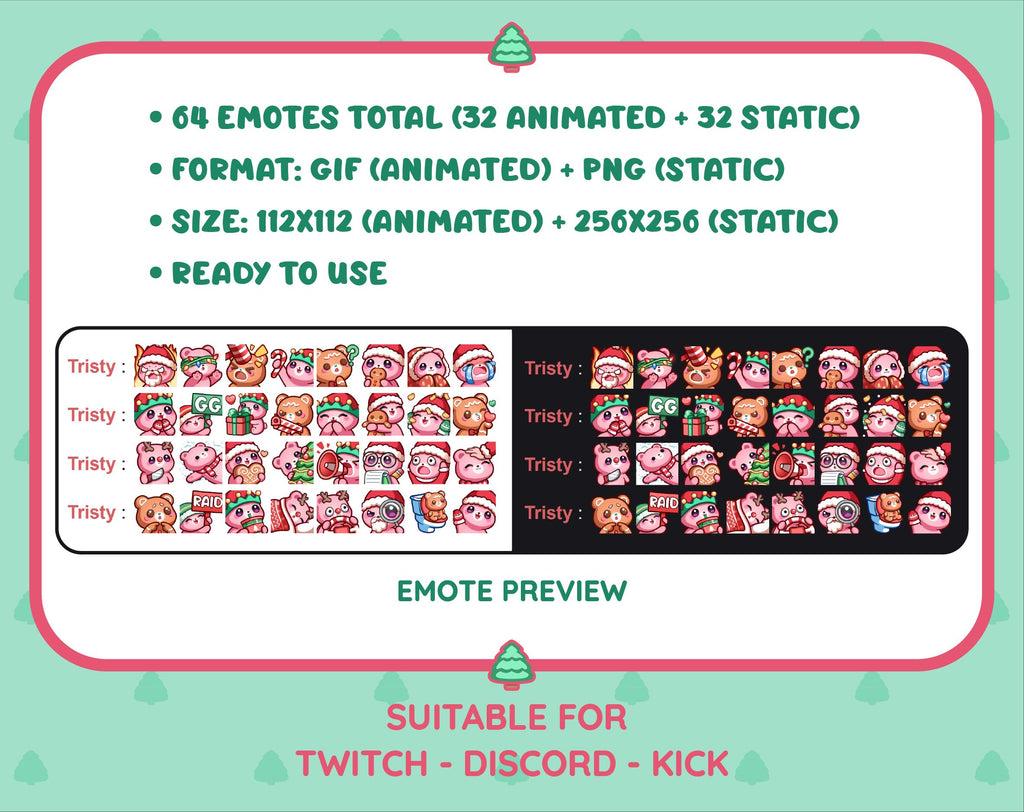 Pink Bear Christmas animated Twitch emote mega pack preview displaying all 32 emotes with format and size information.