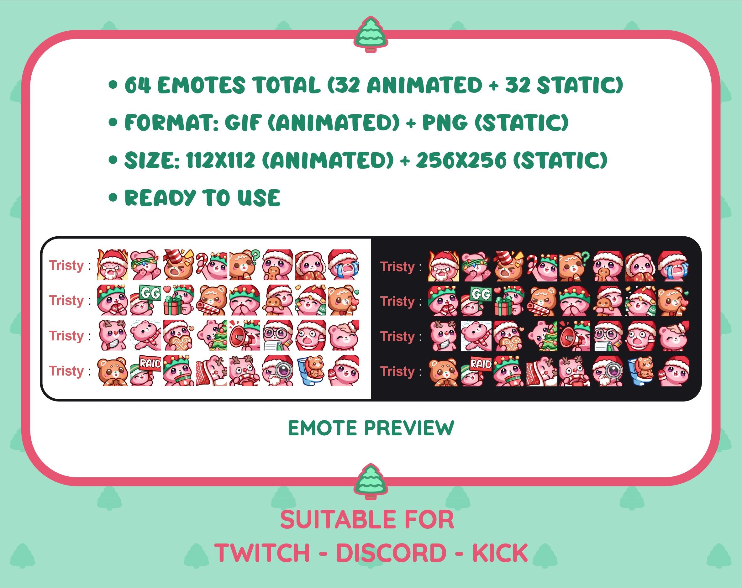 Pink Bear Christmas animated Twitch emote mega pack preview displaying all 32 emotes with format and size information.