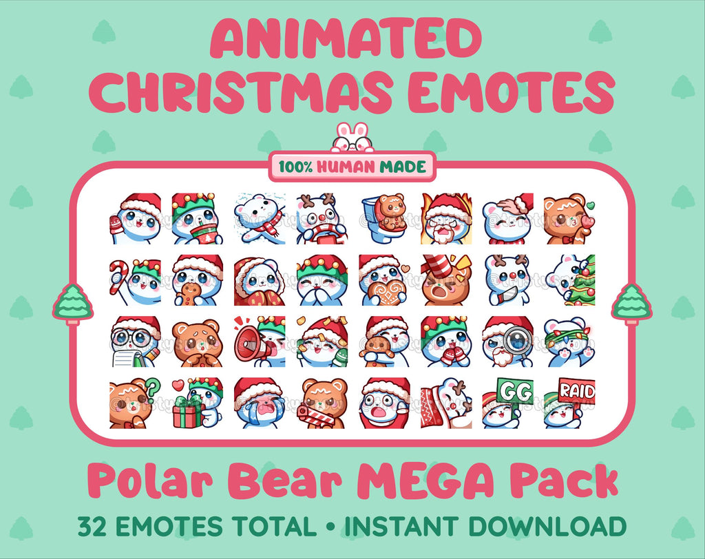 Polar Bear Christmas animated Twitch emote mega pack featuring 32 emotes including hype, gift, candy, and cookie.