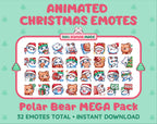 Polar Bear Christmas animated Twitch emote mega pack featuring 32 emotes including hype, gift, candy, and cookie.