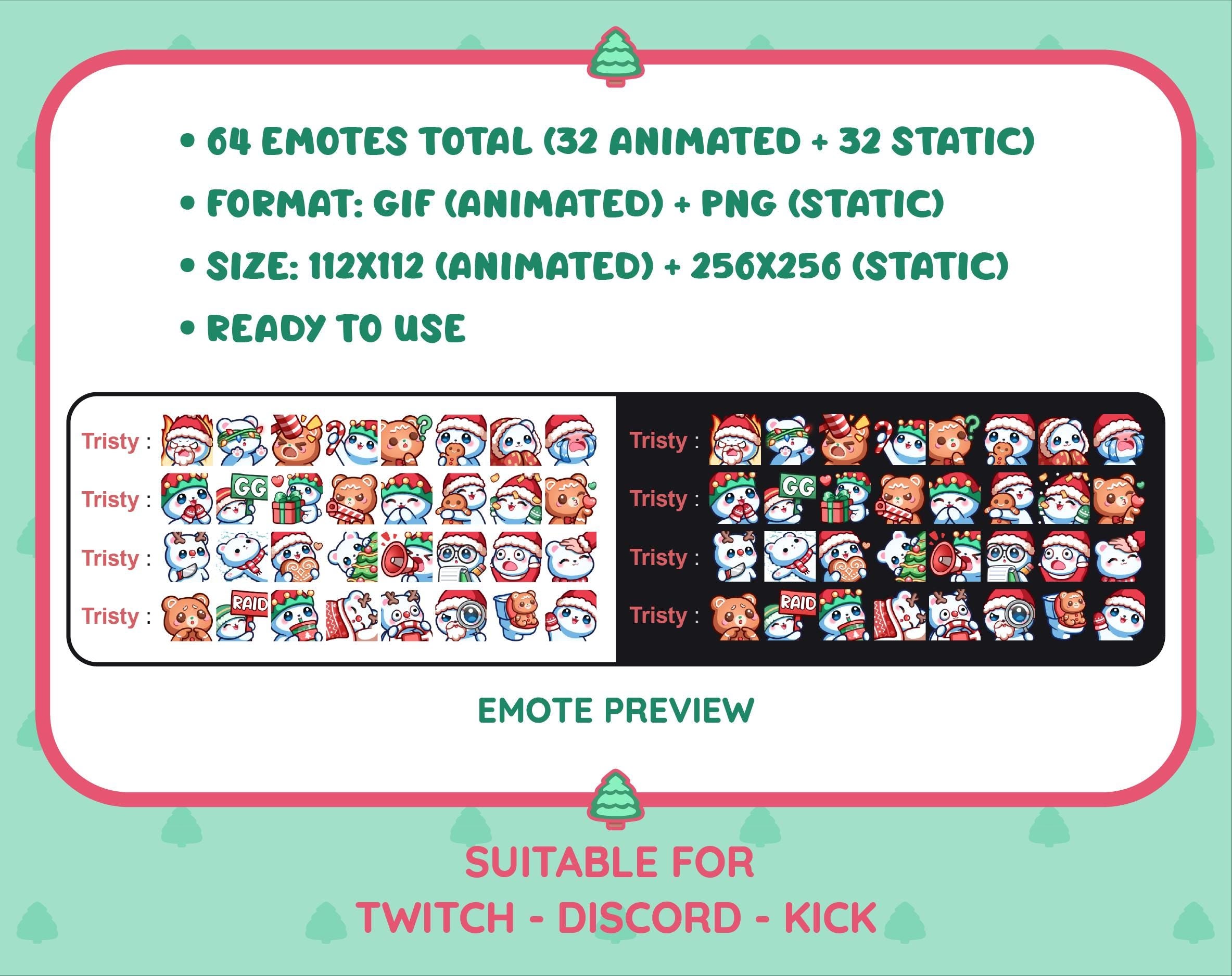 Polar Bear Christmas animated Twitch emote mega pack preview displaying all 32 emotes with format and size information.