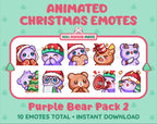 Purple Bear Christmas animated Twitch emote pack featuring 10 emotes including cozy, bonk, lurk, and hype.