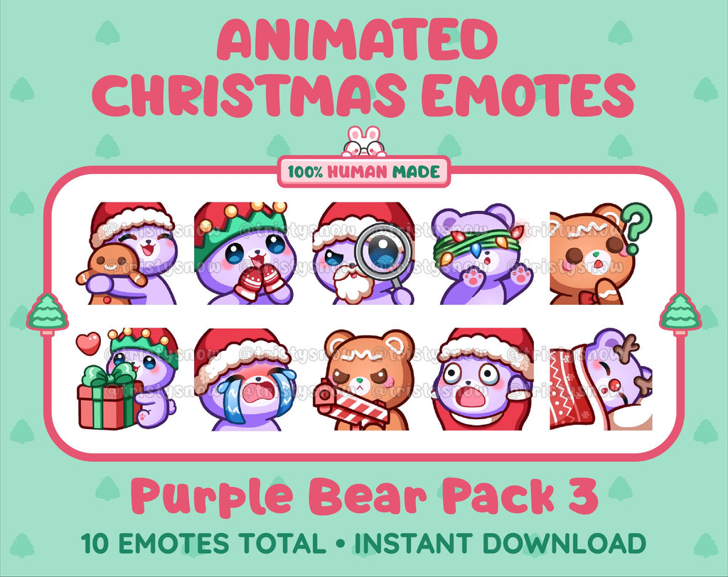 Purple Bear Christmas animated Twitch emote pack featuring 10 emotes including hug, sus, cry, and panic.