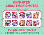Purple Bear Christmas animated Twitch emote pack featuring 10 emotes including hug, sus, cry, and panic.