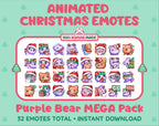 Purple Bear Christmas animated Twitch emote mega pack featuring 32 emotes including hype, gift, candy, and cookie.
