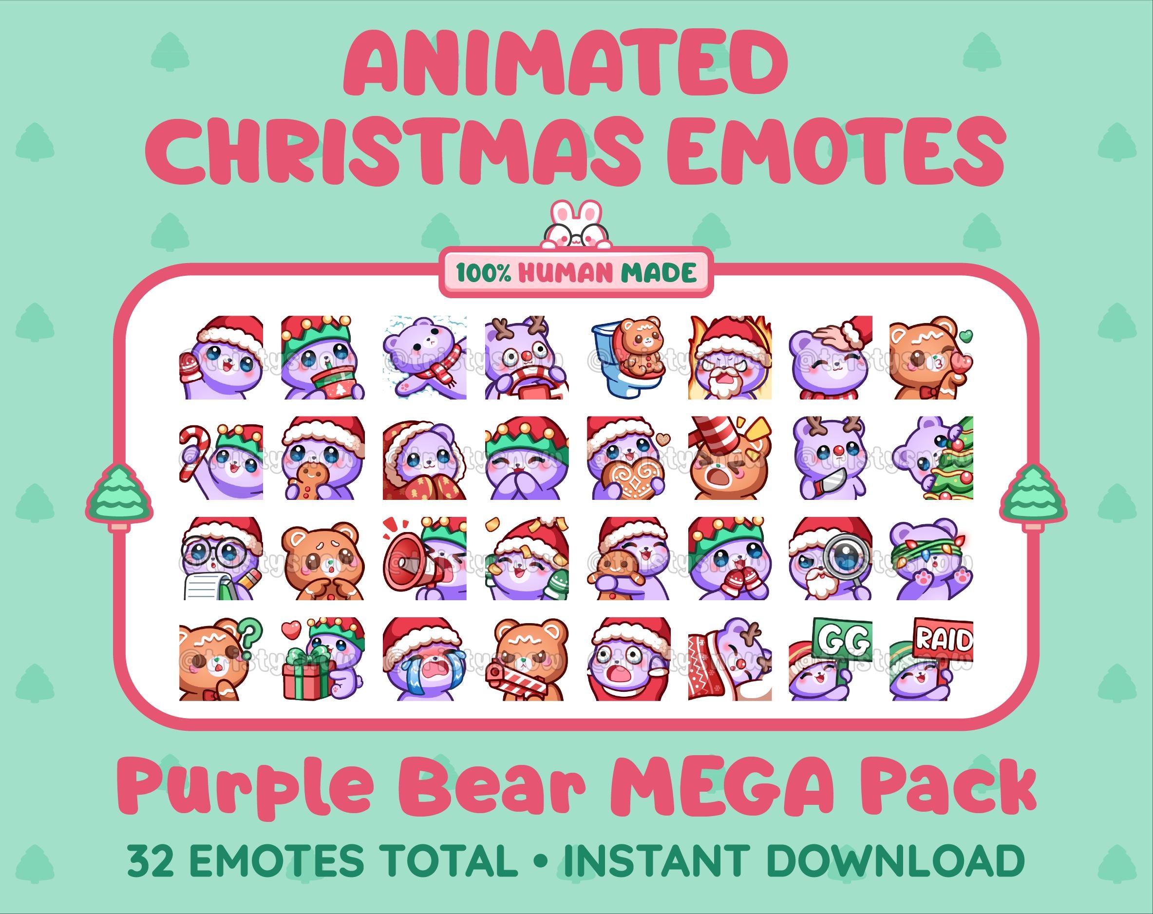 Purple Bear Christmas animated Twitch emote mega pack featuring 32 emotes including hype, gift, candy, and cookie.